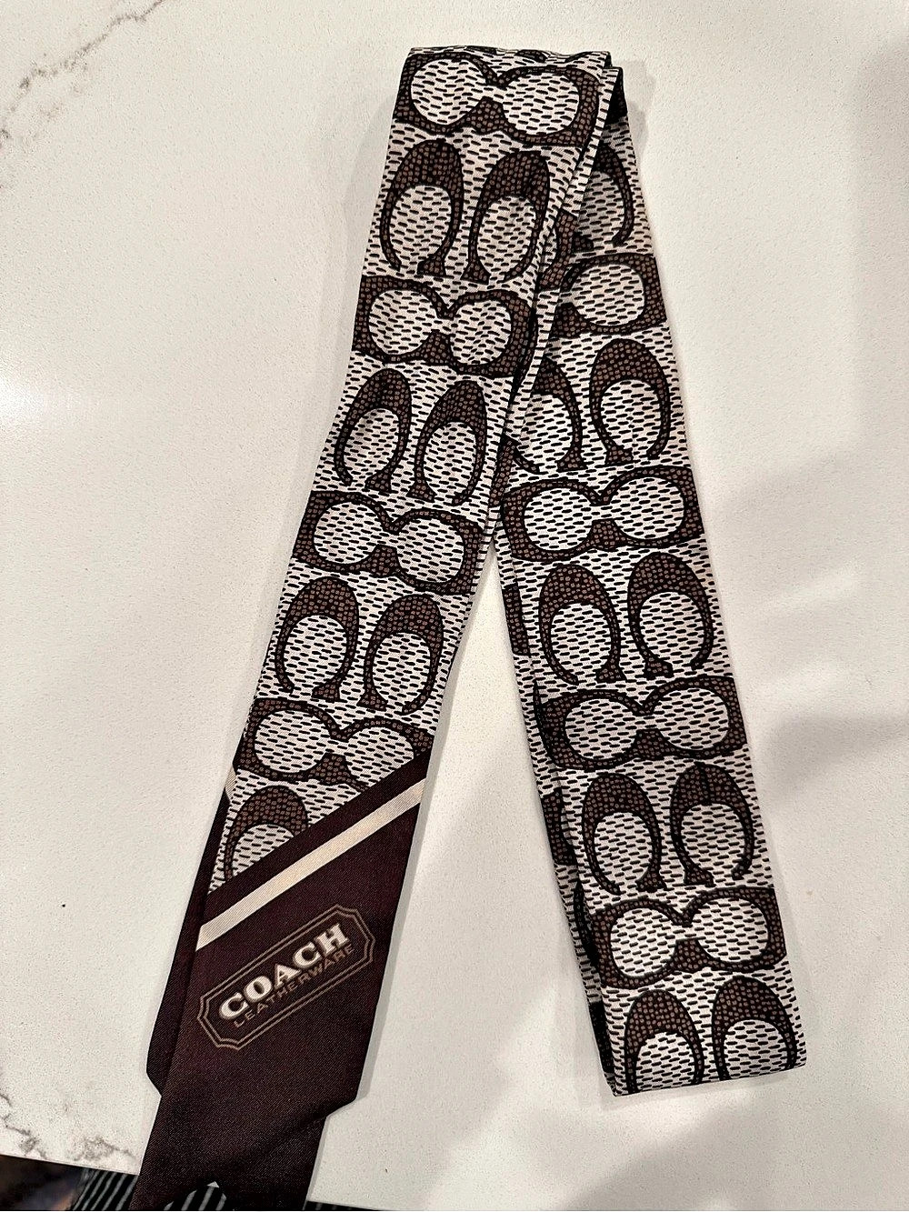 Coach Signature Print Silk Skinny Scarf Brown & White
